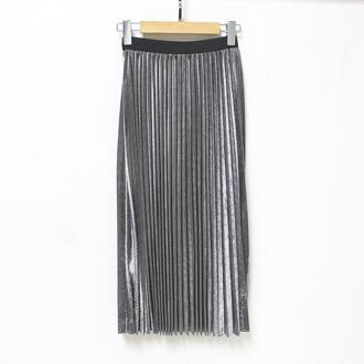 Meisjes geplooide metalen glanzende zilveren rok vrouwen casual vintage mid-lange a-lijn metallic suede rokken vrouwelijke herfst/winter rokken