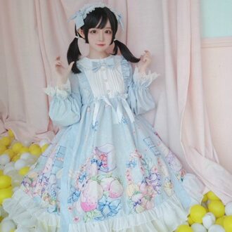 Meisjes Op Lolita Jurk Zoete Kawaii Schattige Lange Mouwen Dagelijks Verstoorde Vrouwen Kleding Gedrukt Kat Jurk Vestidos AFC534 blauw OP