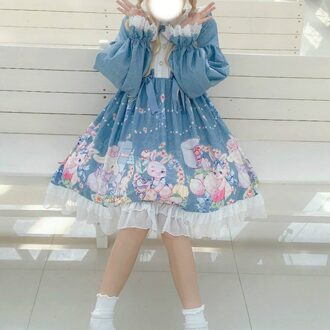 Meisjes Op Lolita Jurk Zoete Kawaii Schattige Lange Mouwen Dagelijks Verstoorde Vrouwen Kleding Gedrukt Kat Jurk Vestidos AFC534 groen OP