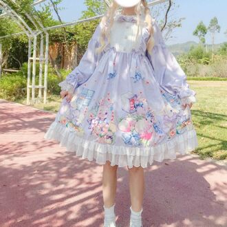 Meisjes Op Lolita Jurk Zoete Kawaii Schattige Lange Mouwen Dagelijks Verstoorde Vrouwen Kleding Gedrukt Kat Jurk Vestidos AFC534 paars OP
