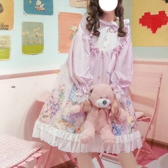 Meisjes Op Lolita Jurk Zoete Kawaii Schattige Lange Mouwen Dagelijks Verstoorde Vrouwen Kleding Gedrukt Kat Jurk Vestidos AFC534 roze OP