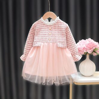 Meisjes Voorjaar Jurken Plaid Patchwork Mesh Prinses Baby Jurk Kinderen Kleding Lange Mouw Zoete Roze Voor Lente En Herfst P / 100