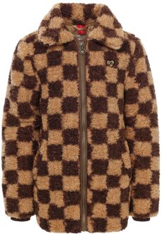 Meisjes winterjas geruit fur - Kastanje bruin geruit - Maat 116