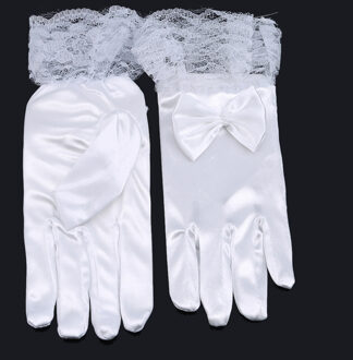 Meisjes Witte Handschoenen Mode Bloem Korte Satijnen Strik Kant Leerlingen Meisjes Prestaties Handschoenen Party Girl Handschoenen Decoratie Accessoires wit 8-12years old