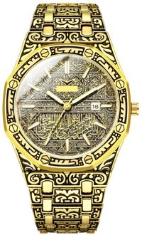 Mekka Edition Vintage Gesneden Horloge Luxe Islamitische Horloge Voor Mannen Business Fq-Ing Goud