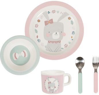 melamine serviesset 5-delig - roze Wit#Roze