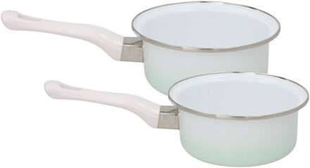 Melk en sauspannen set - 2x stuks - wit / blauw - D16 cm en D14 cm - emaille - steelpannen