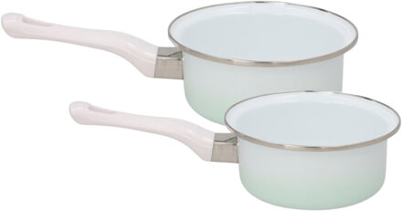 Melk en sauspannen set - 2x stuks - wit / blauw - D18 cm en D14 cm - emaille - steelpannen