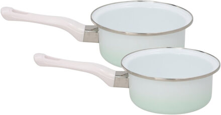 Melk en sauspannen set - 2x stuks - wit / blauw - D18 cm en D16 cm - emaille - steelpannen