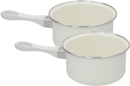 Melk en sauspannen set - 2x stuks - wit - D18 cm en D16 cm - emaille - steelpannen
