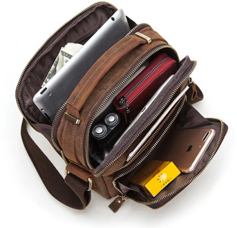 Men Genuine Crazy Hose Leather Messenger Bag Multi-function Crossbody Shoulder Bag Large Capacity Split Travel Sling Bag Casual