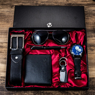 Men Gift Set Exquisite Packaging Watch + Leather Belt Wallet Creative Simple Packaged Combination-6pes/Set