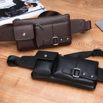 Men's belt bag classic solid color PU leather waist bag outdoor leisure travel fanny pack purse