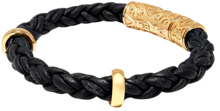 Men's Black Braided Leather Bracelet With Gold Lock Nialaya , Black , Heren - 2Xl,Xl,L,M,S