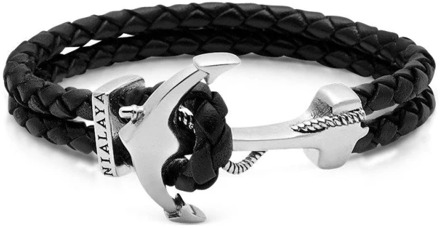 Men's Black Leather Bracelet with Silver Anchor Nialaya , Black , Heren - 2Xl,Xl,L,M,S