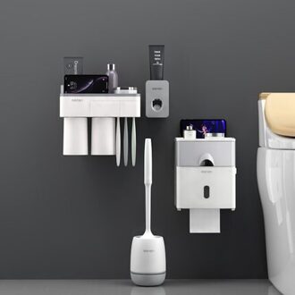 Menen Wandmontage Tandenborstelhouder Borstel Wc Tissue Box Automatische Tandpasta Badkamer Sets Squeezer Dispenser LF71016 2-Cup-grijs sets