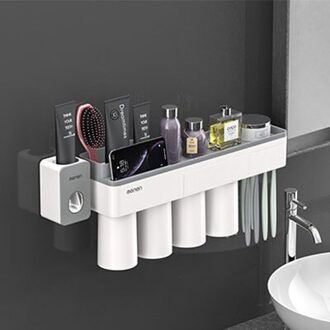 Menen Wandmontage Tandenborstelhouder Borstel Wc Tissue Box Automatische Tandpasta Badkamer Sets Squeezer Dispenser LF71016 4-Cup-grijs