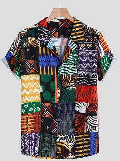 Mens Abstracte Afdrukken Nationale Stijl Mannen Linnen Bloemenprint Korte Mouw Zomer Hawaii Losse Casual Stand Shirts Top Xl