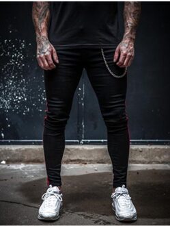 Mens Black Skinny Side Streep Denim Jeans Hip Hop Streetwear Effen Kleur Plus Size Slim Fit Lichtgewicht Katoen Mannen jeans