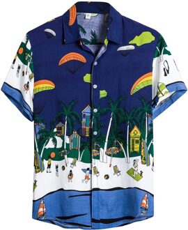 Mens Etnische Korte Mouwen Casual Katoen Linnen Afdrukken Hawaiian Shirt Blouse camisa masculina W1218 blauw / XL
