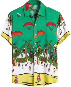 Mens Etnische Korte Mouwen Casual Katoen Linnen Afdrukken Hawaiian Shirt Blouse camisa masculina W1218 groen / XXXL