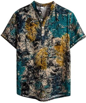 Mens Etnische Korte Mouwen Casual Katoen Linnen Afdrukken Hawaiian Shirt Blouse Print Shirts Voor Mannen Plus Size