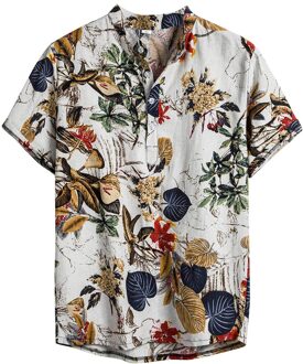 Mens Etnische Korte Mouwen Casual Katoen Linnen Afdrukken Hawaiian Shirt Blousemen 'S Mode Print Shirt