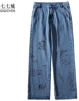 Mens Losse Rechte Jeans Vintage Brief Print Graffiti Broek Enkellange Casual Denim Broek Streetwear Lente Paar Broek 4XL