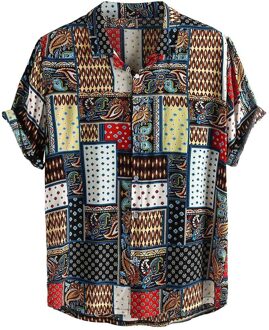 Mens Vintage Stijl Losse Korte Mouwen Stand Kraag Casual Shirt Etnische Printing Heren Hawaiiaanse Shirt Chemise Homme Aziatische Grootte 3XL Xxxl