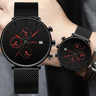 Mens Watches CRRJU New Design Luxury Sport Wrist Watch Stainless Steel Mesh Strap Men's Fashion Casual Date Dress StopWatches