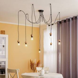 Merlo hanglamp decentraal, 7-lamps zwart, licht hout