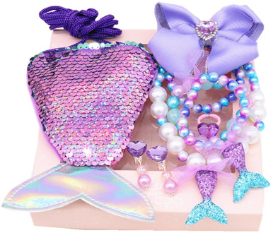 Mermaid Accessories Jewelry Set Sequins Purse Necklace Bracelet Bow Hair Clip Shell Earring Gift for Elsa Princess Girls