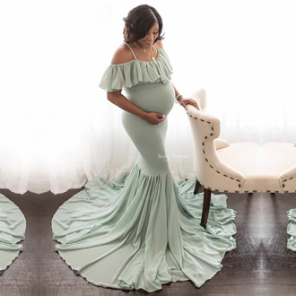 Mermaid Maternity Dresses For Photo Shoot Pregnant Women Ruffles Pregnancy Dress Photography Props Off Shoulder Maxi Maternity
