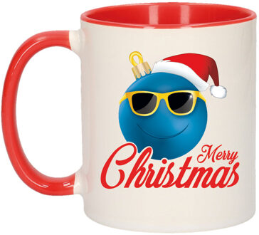 Merry Christmas kerstcadeau kerstmok rood kerstbal blauw met kerstmuts 300 ml - Bekers Wit
