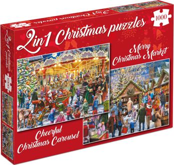 Merry Christmas Market & Cheerful Christmas Carousel Puzzel (2x1000 stukjes)