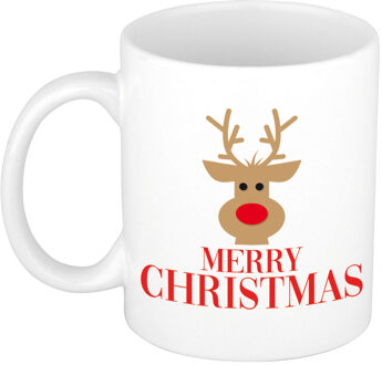 Merry Christmas rendier kerstmok / kerstbeker wit 300 ml - Bekers Rood