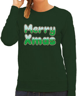 Merry xmas foute Kerstsweater / Kersttrui groen voor dames 2XL - kerst truien