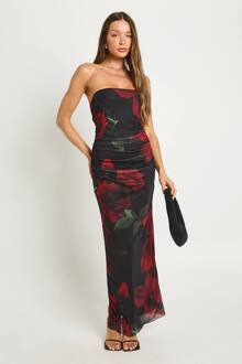 Mesh Bloemenprint Bandeau Maxi Jurk, Natural Black - 46