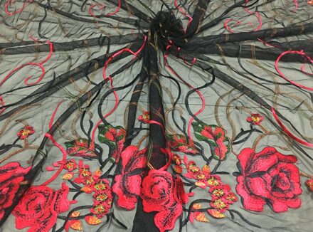 Mesh Chiffon kant stof dubbelzijdig rode bloem borduren stof Transparante mesh stof voor jurk DIY patchwork