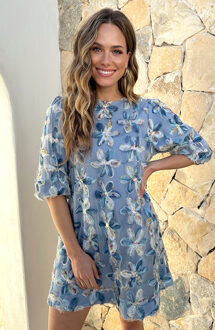 Mesh Detail Pofmouw Bloem Jurk Blauw