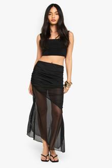Mesh Geruchtte Taille Asymmetrische Zoom Maxi Rok, Black - 36