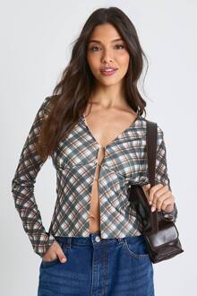 Mesh Haak & Oog Voorkant Lange Mouwen Nauwsluitende Top, Stone - 44