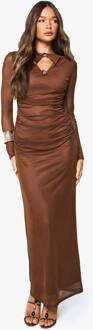 Mesh Jurk Met Sleutelgat, Lange Mouwen En Maxi-Lengte, Chocolate - 44