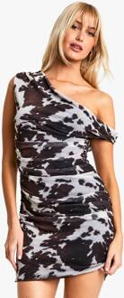 Mesh Koeienprint Slash Neck Mini Jurk, Brown - 36