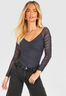 Mesh Ruched Off The Shoulder One Piece, Charcoal - 10