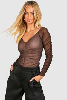 Mesh Ruched Off The Shoulder One Piece, Chocolate - 10