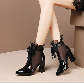 Mesh Sandals Boots Woman 2020 High Heels Ankle Summer Boots Pointed toe Sexy Lace Shoes for Female Blue Wine-red
