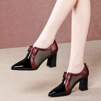 Mesh Sandals Woman High Heels 2020 Pointed toe Deep Women Pumps Casual Shoes Chunky Heel Patent Leather Bowtie Black Wine-red