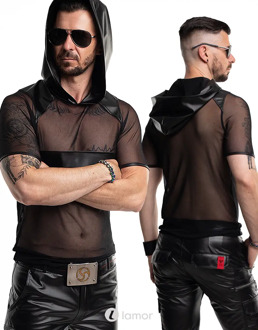 Mesh shirt met capuchon zwart slim fit, Ivo - Maat: S