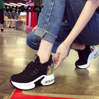 Mesh Sneakers Women Spring Autumn Shoes Fashion Colorful Sequined Knitted Elastic Lace-Up Bling Breathable Platform Sneakers